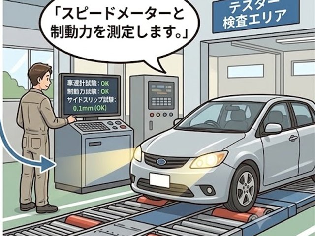 検査：テスター検査エリアで制動力・スピードメーター測定